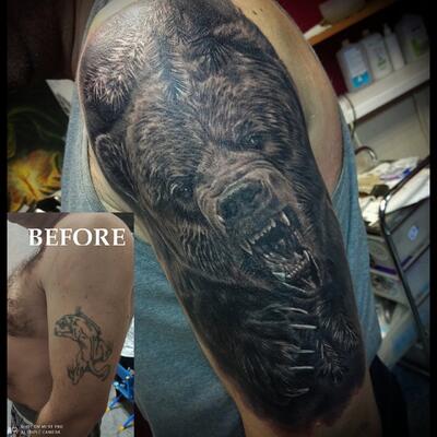 Лапа медведя, мужская тату на плече - фото татуировок