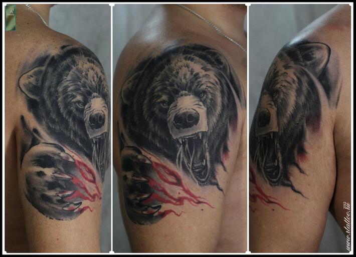 Татуировки мужские на плече медведь эскиз