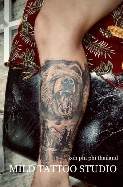 Bear tattoo bamboo tattoo Thai