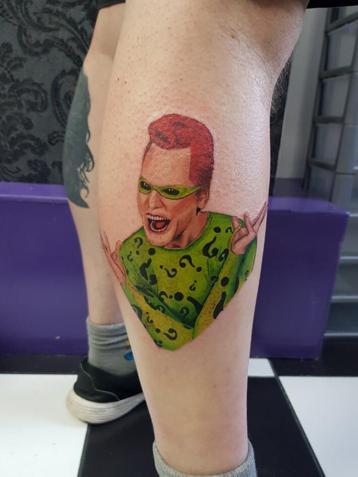  01244811905 for bookings #phoenixblazetattoos #tattoo #tattoos #realism #portrait #movietattoo #movie #batman #riddler #theriddler #jimcarrey #caffeinewillkillya #gotham #newschool #dc #dccomics #comics #batmanforever #valkilmer #twoface #harleyquinn #joker #love #photography #neonphoenixtattoostudio
